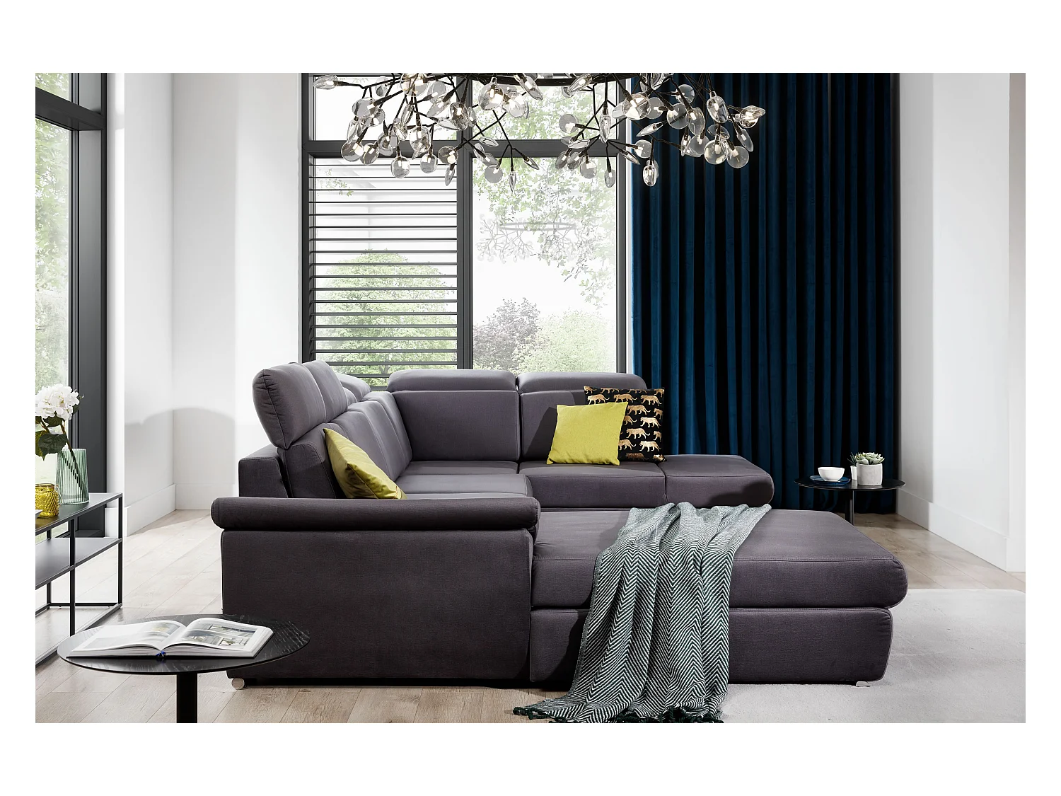 Canapé Convertible Panoramique LEVANO Tissu et Simili Cuir, Têtières-Blanc/Gris clair chiné-Coffre à gauche