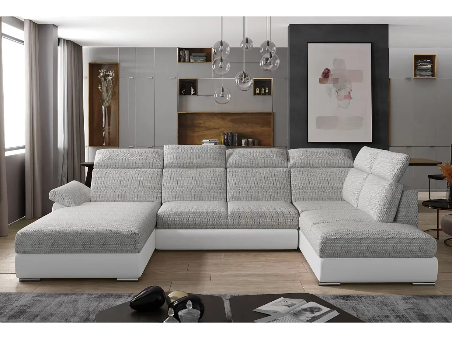 Canapé Convertible Panoramique LEVANO Tissu et Simili Cuir, Têtières-Blanc/Gris clair chiné-Coffre à gauche