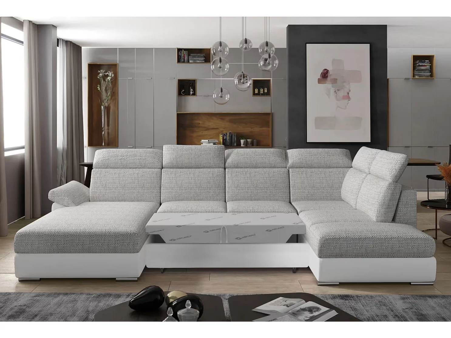 Canapé Convertible Panoramique LEVANO Tissu et Simili Cuir, Têtières-Blanc/Gris clair chiné-Coffre à gauche