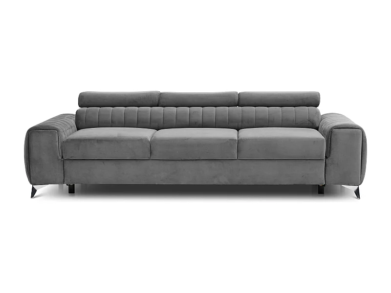 Canapé convertible velours LOZA - Appuis-tête réglables et pieds acier chromé-Gris