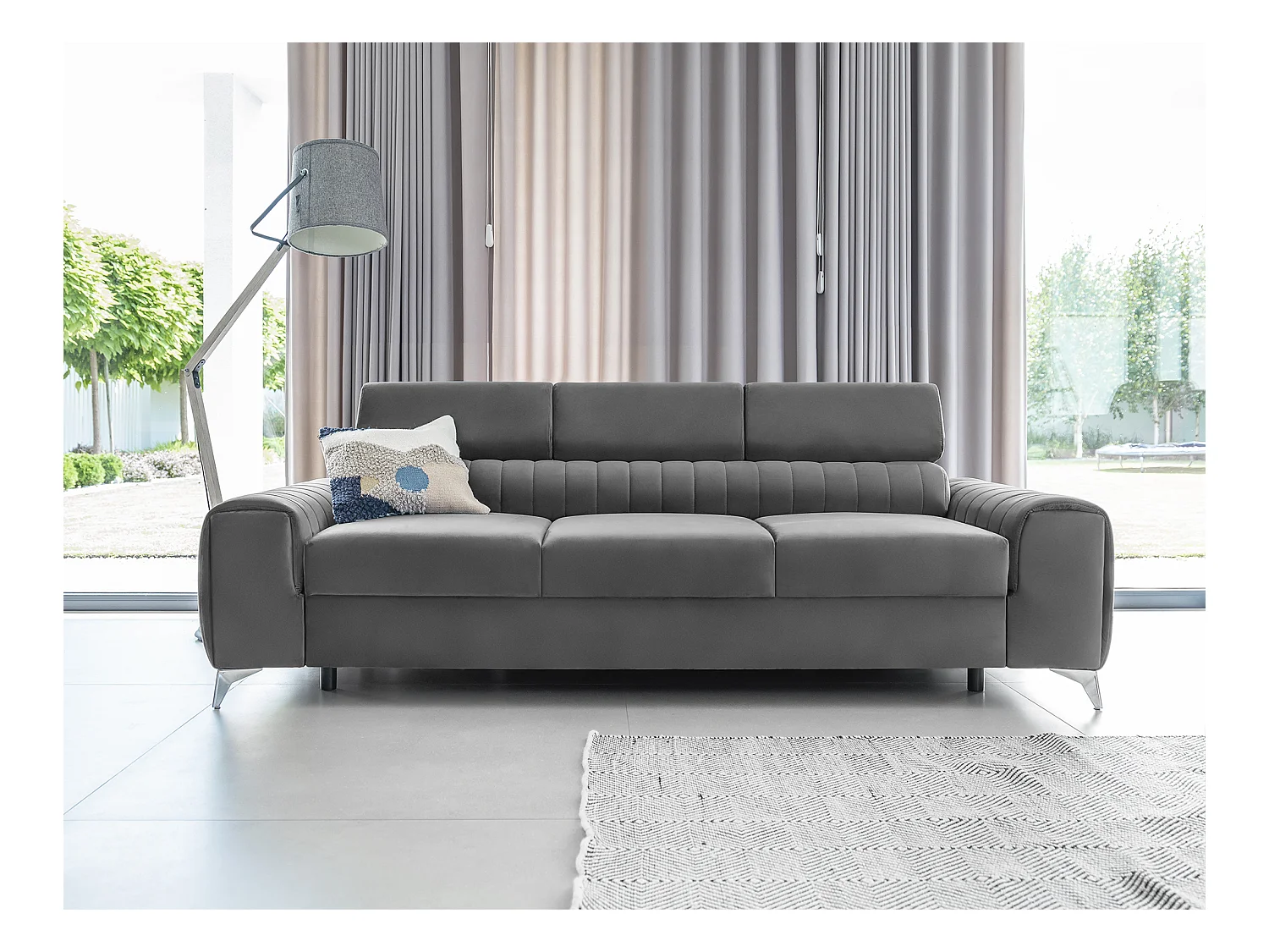 Canapé convertible velours LOZA - Appuis-tête réglables et pieds acier chromé-Gris