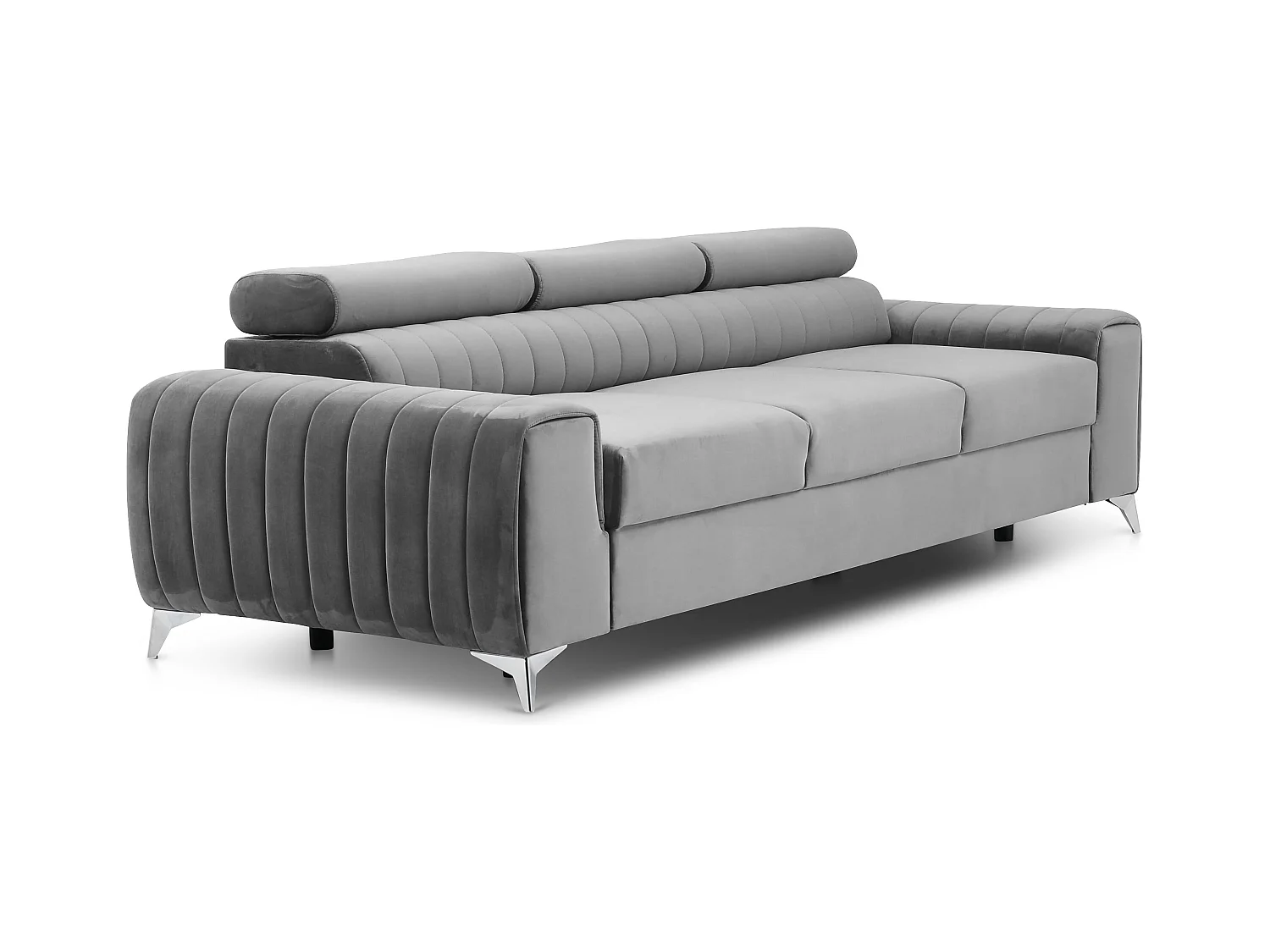Canapé convertible velours LOZA - Appuis-tête réglables et pieds acier chromé-Gris