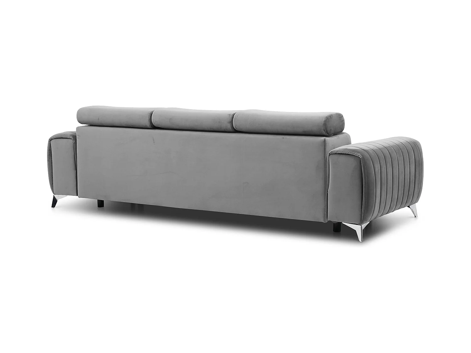 Canapé convertible velours LOZA - Appuis-tête réglables et pieds acier chromé-Gris
