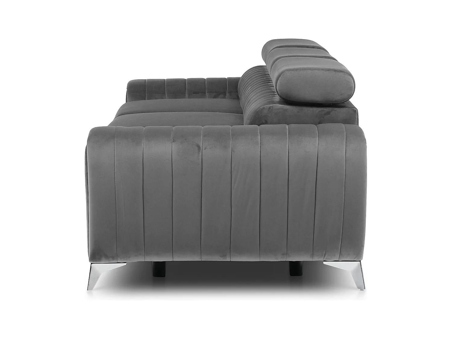 Canapé convertible velours LOZA - Appuis-tête réglables et pieds acier chromé-Gris
