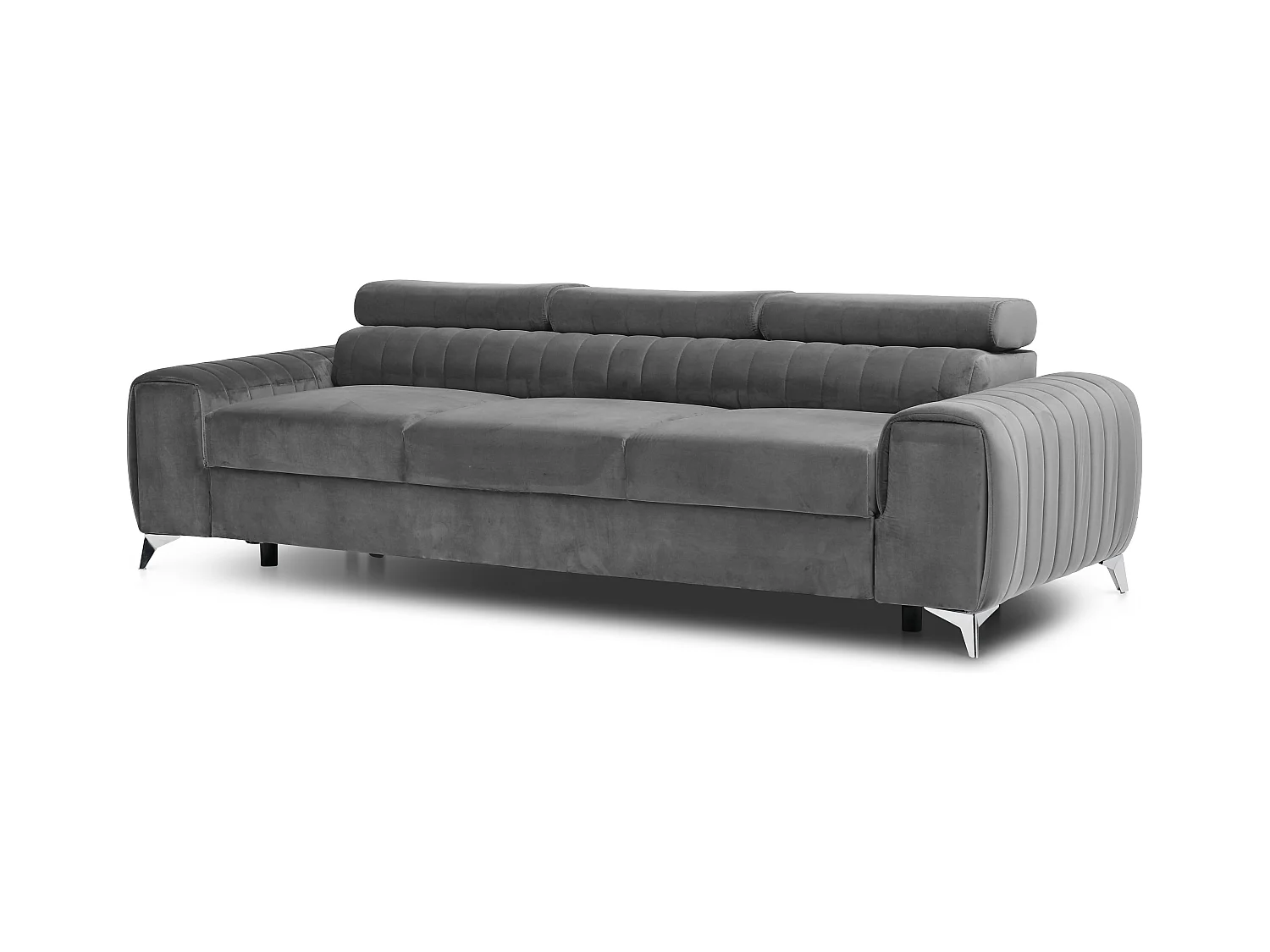 Canapé convertible velours LOZA - Appuis-tête réglables et pieds acier chromé-Gris