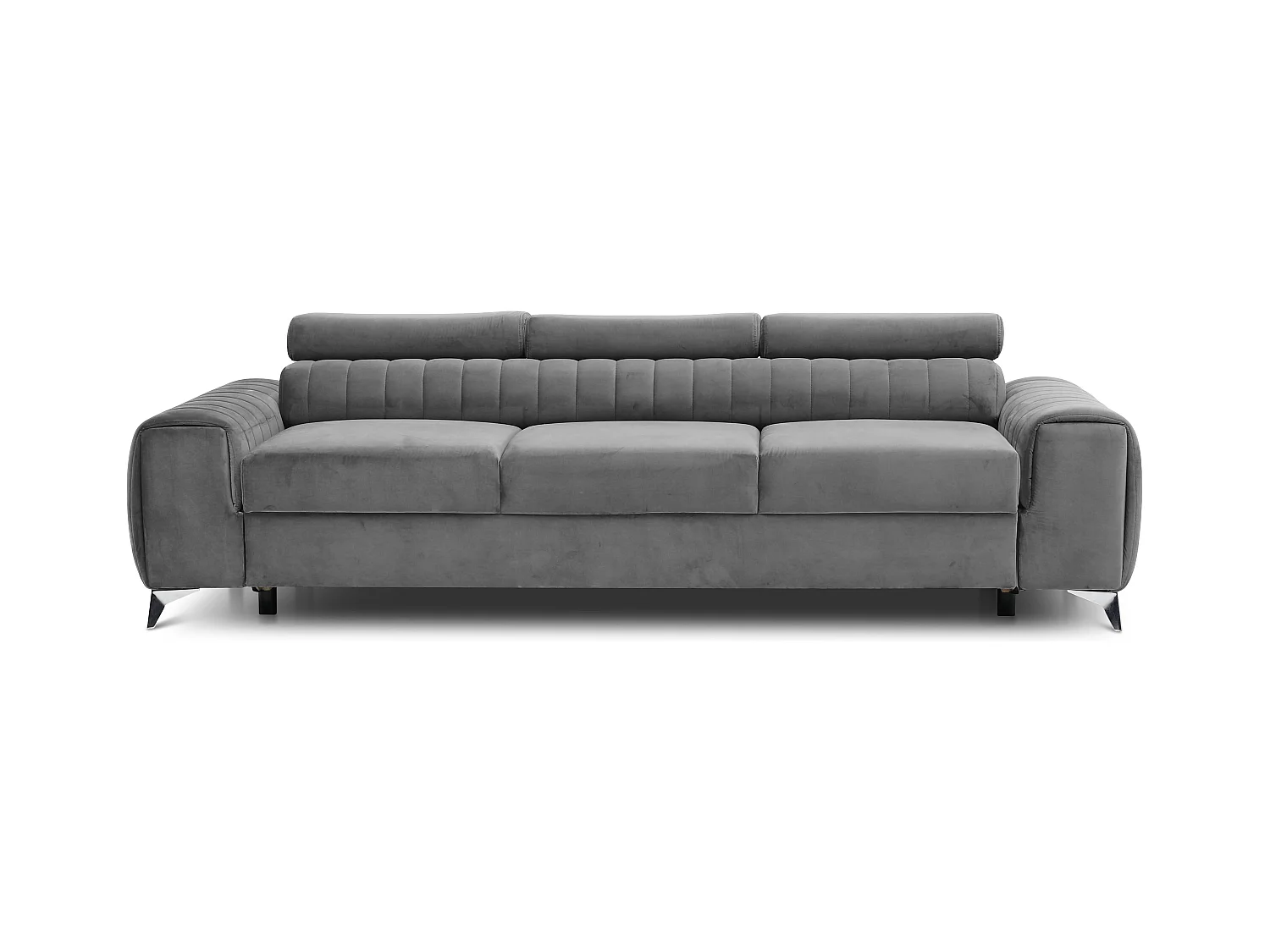 Canapé convertible velours LOZA - Appuis-tête réglables et pieds acier chromé-Gris