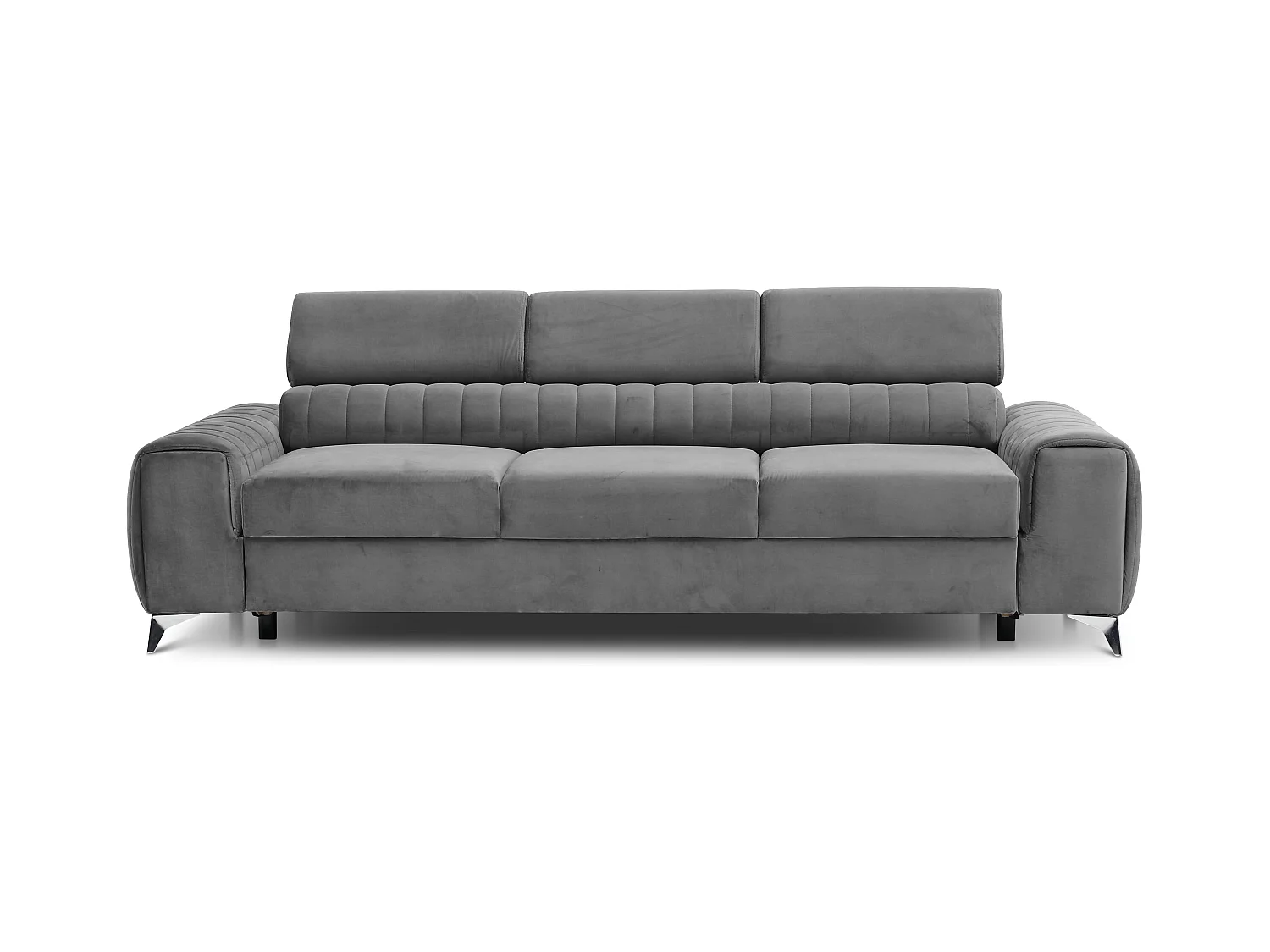 Canapé convertible velours LOZA - Appuis-tête réglables et pieds acier chromé-Gris