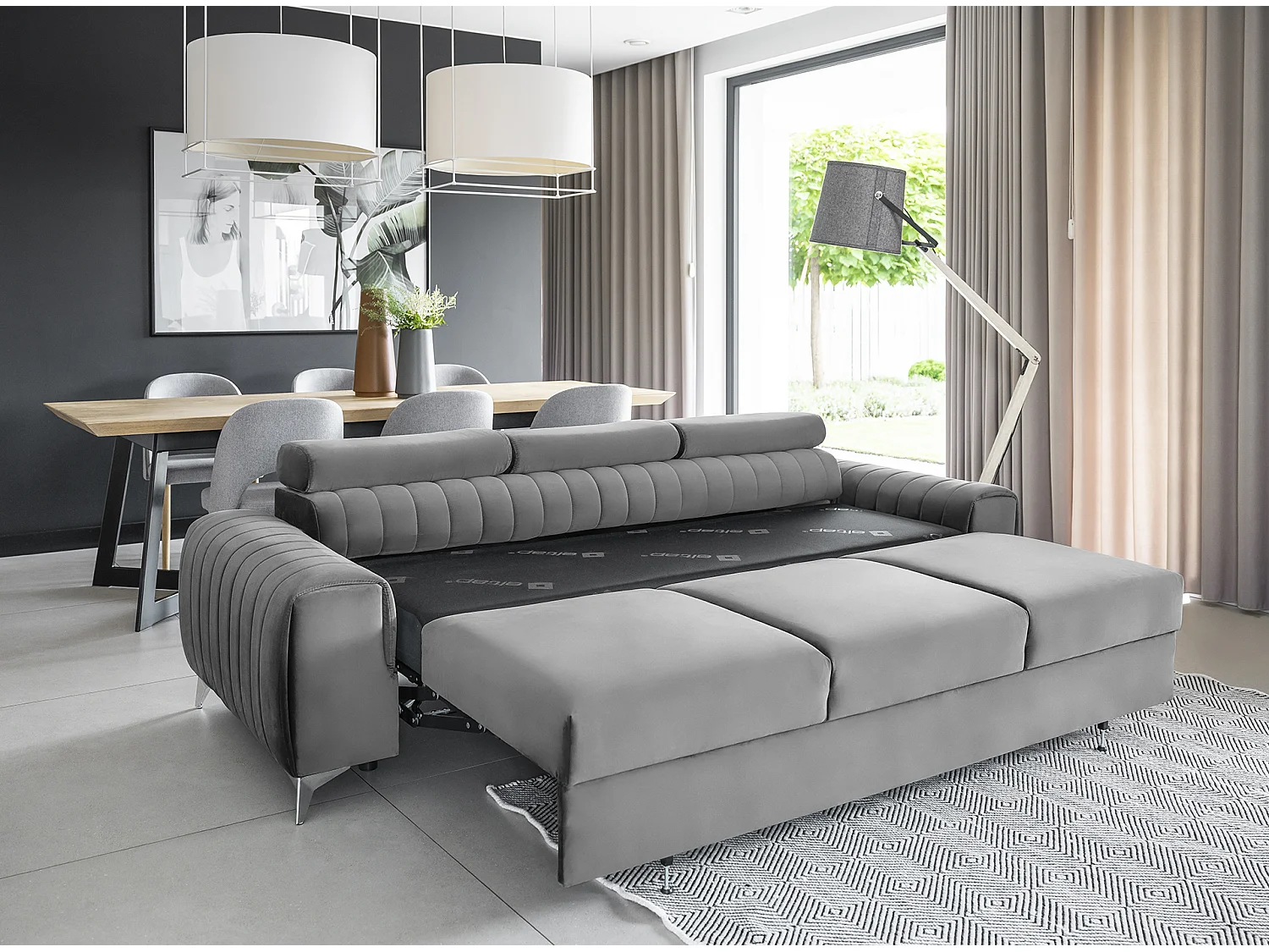 Canapé convertible velours LOZA - Appuis-tête réglables et pieds acier chromé-Gris