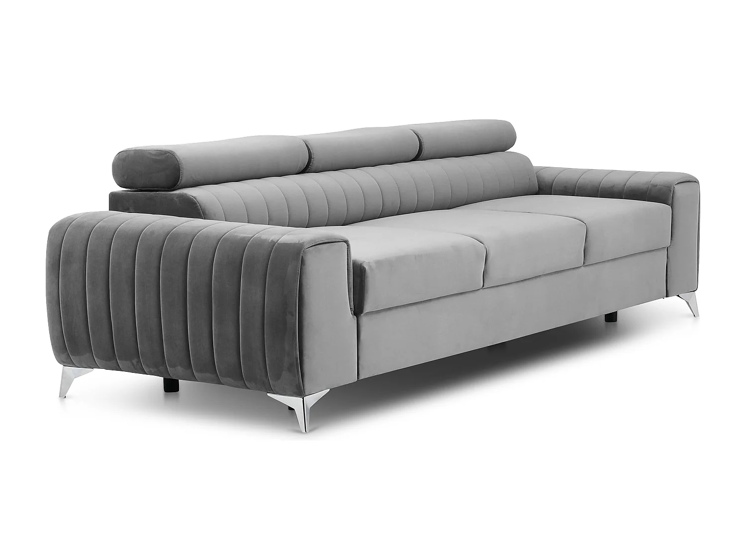 Canapé convertible velours LOZA - Appuis-tête réglables et pieds acier chromé-Gris