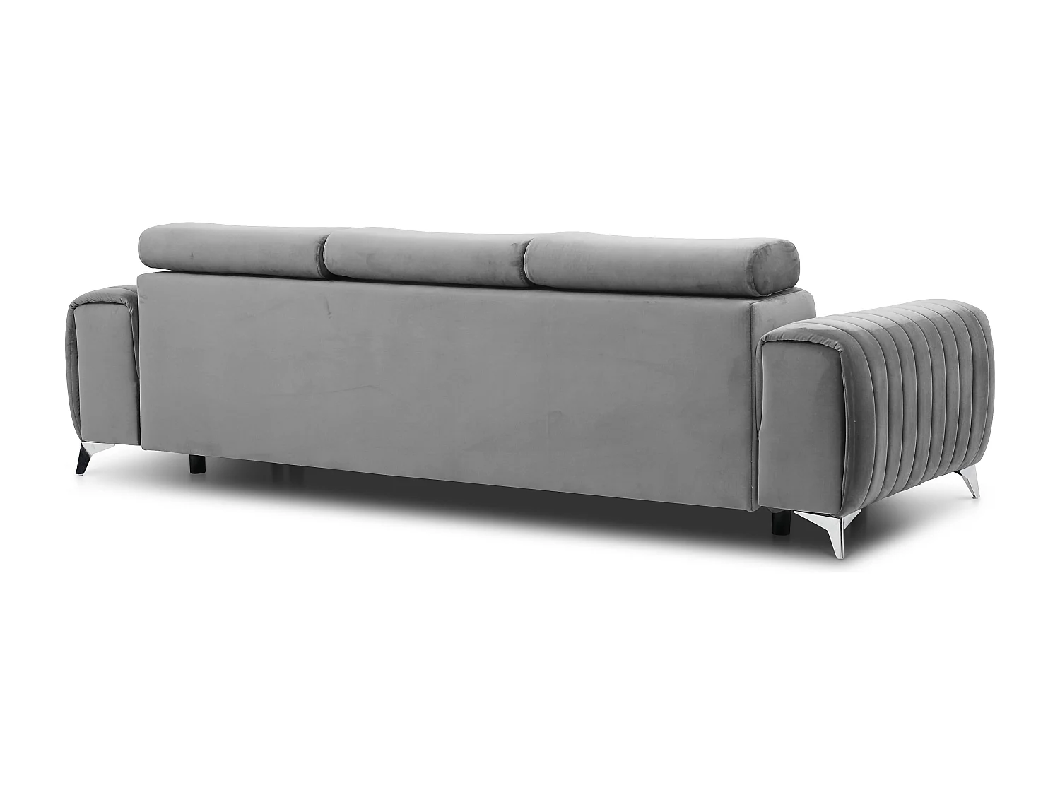 Canapé convertible velours LOZA - Appuis-tête réglables et pieds acier chromé-Gris
