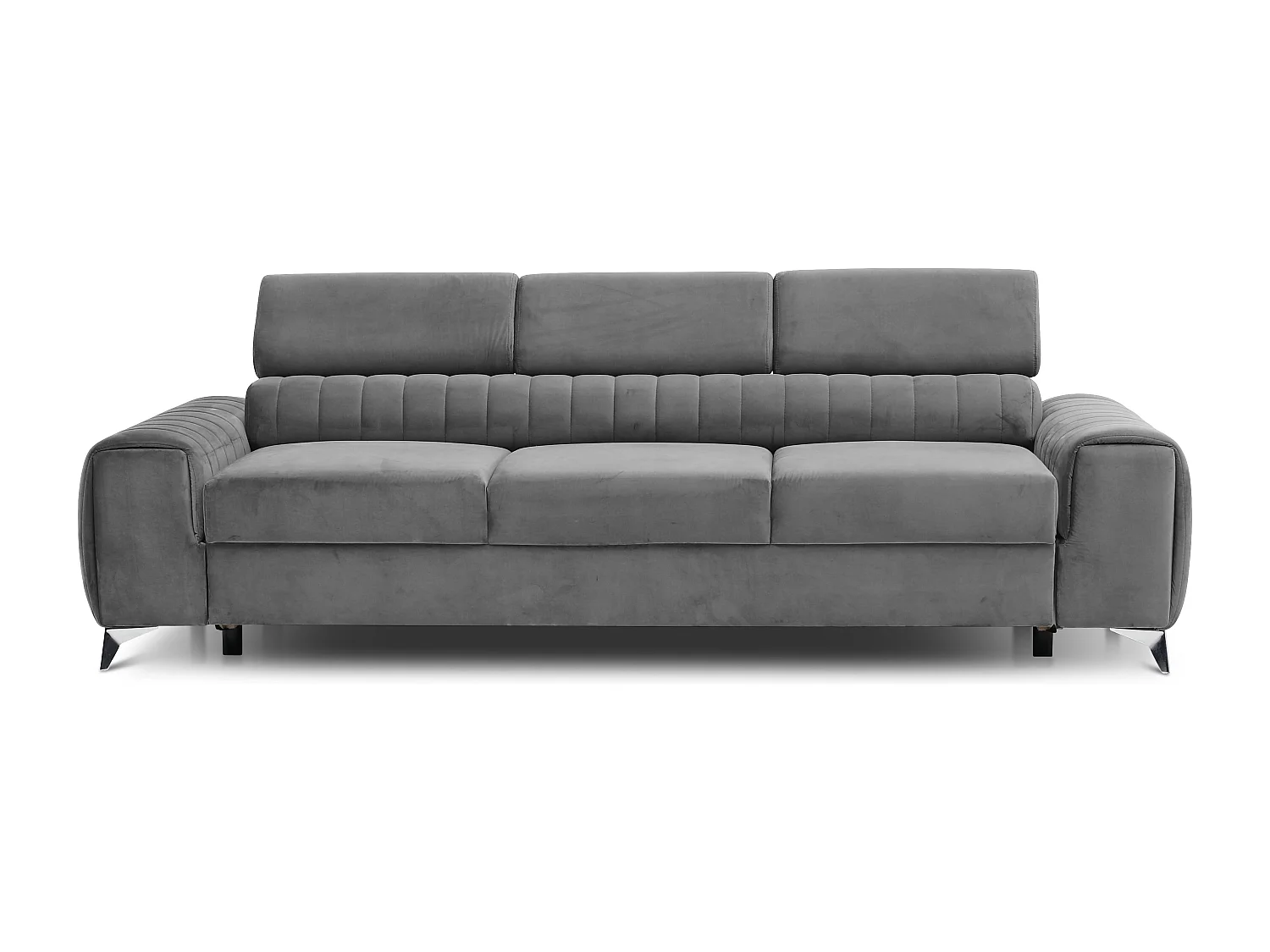 Canapé convertible velours LOZA - Appuis-tête réglables et pieds acier chromé-Gris