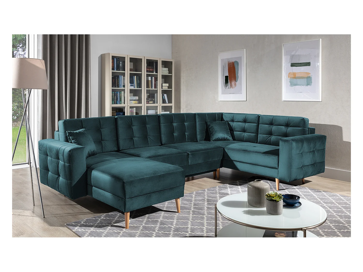 Canapé panoramique convertible ANSKA en velours - Pieds bois naturel-Vert