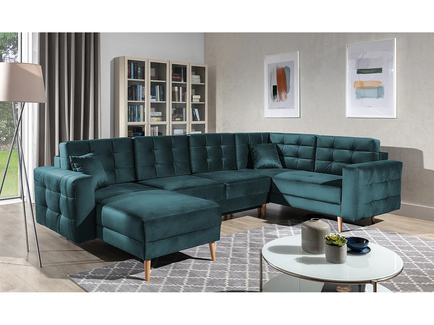 Canapé panoramique convertible ANSKA en velours - Pieds bois naturel-Vert