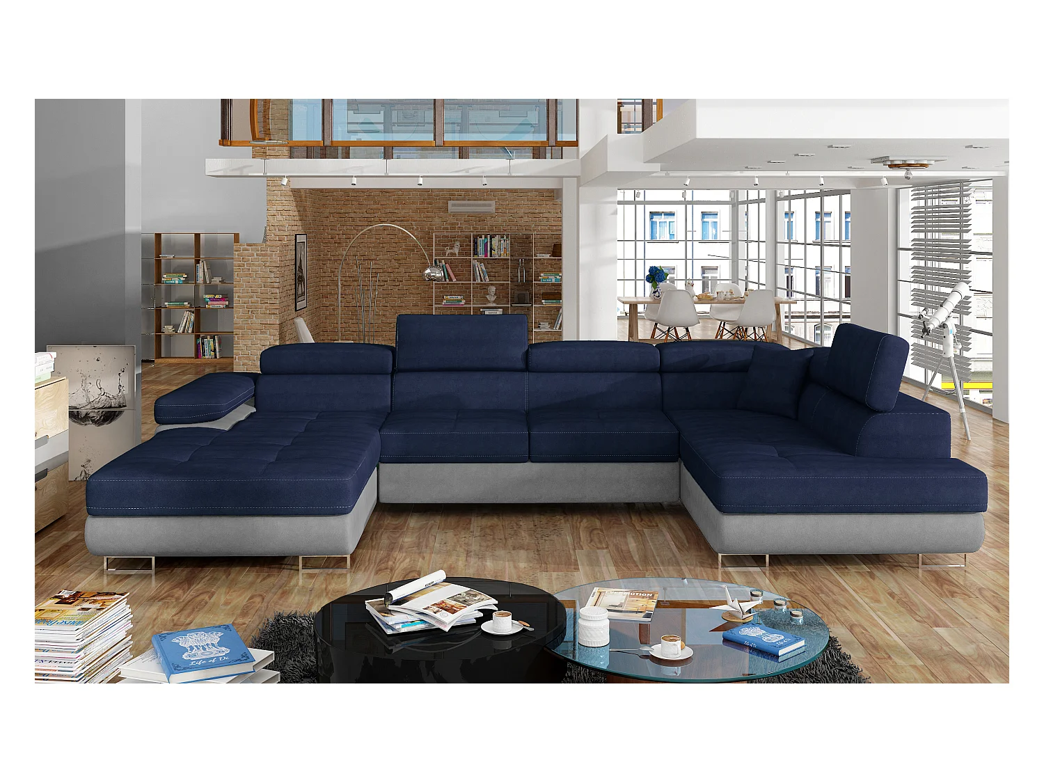 Canapé panoramique convertible ROMANO - Rangement et appuie-têtes réglables-Gris clair/Bleu-Coffre à droite