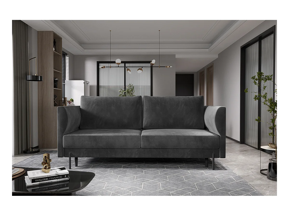 Canapé convertible en velours ROBBY – Rangement et pieds métal noir-Gris chiné