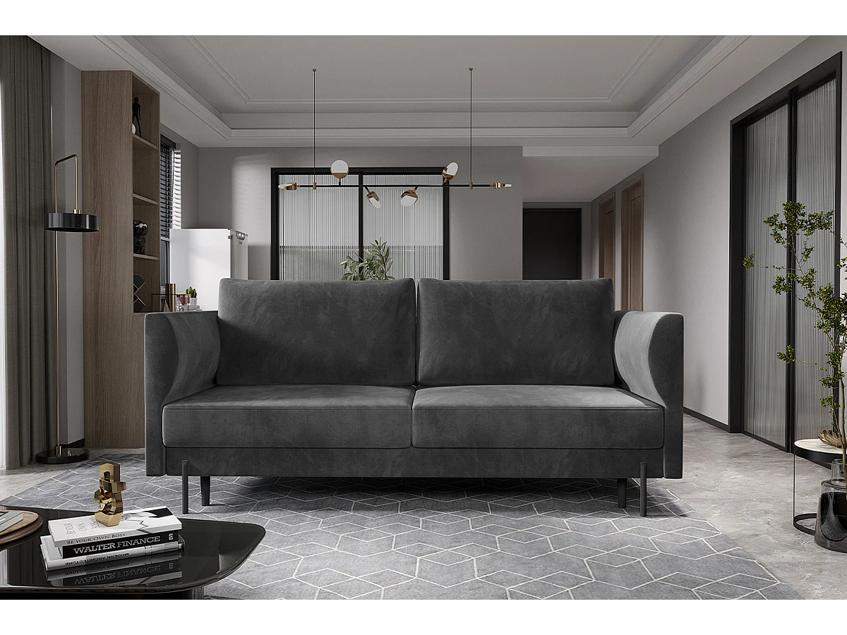 Canapé convertible en velours ROBBY – Rangement et pieds métal noir-Gris chiné