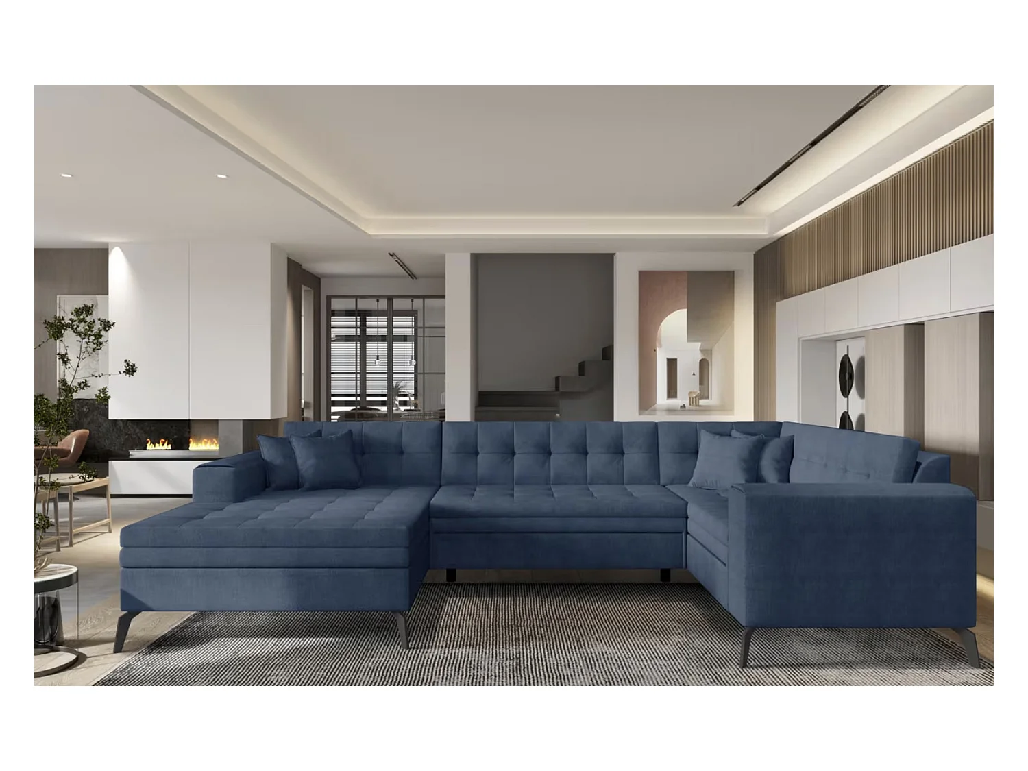 Canapé panoramique convertible BONTY tissu matelassé-Bleu charrette-Méridienne A gauche