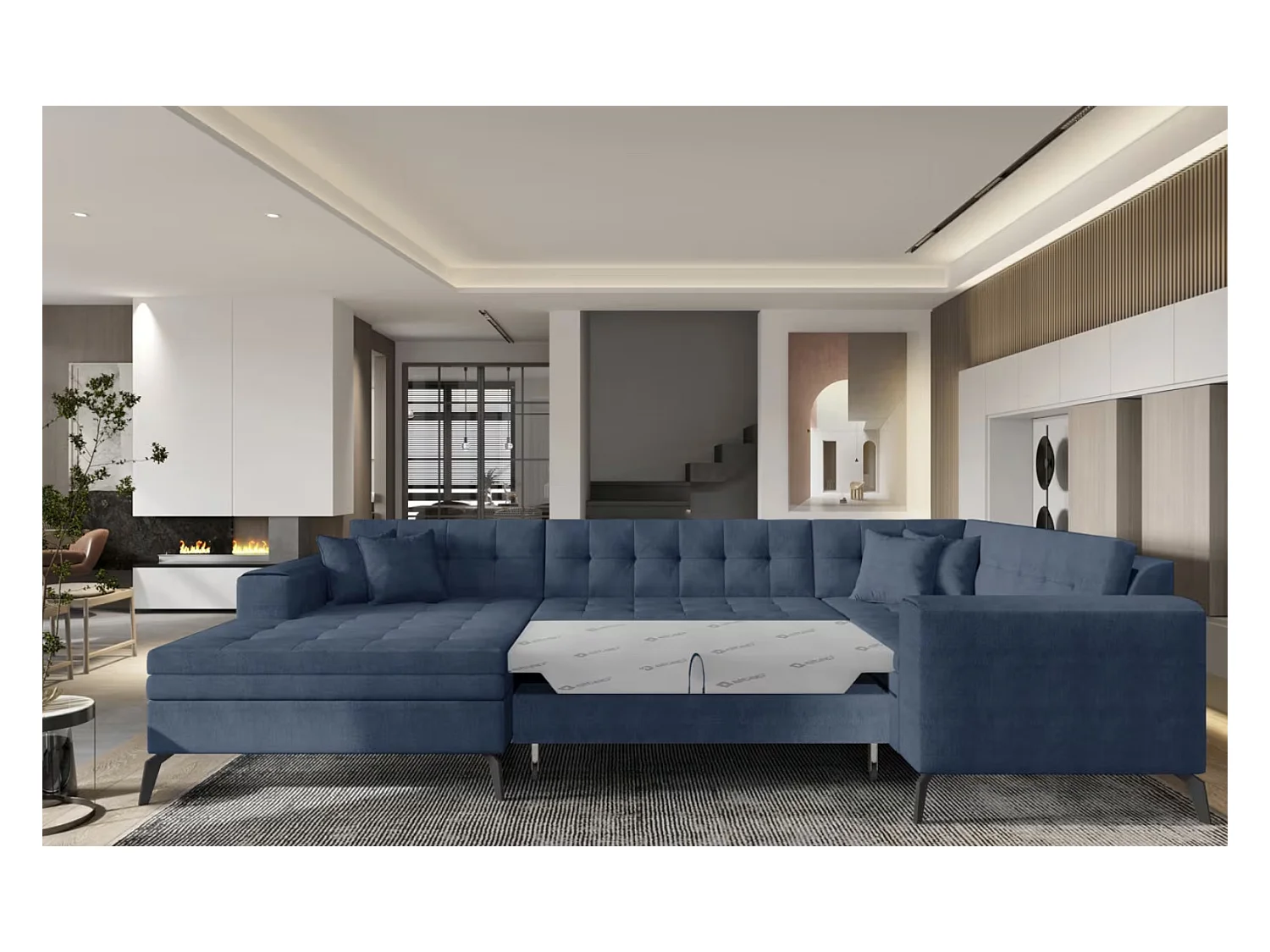 Canapé panoramique convertible BONTY tissu matelassé-Bleu charrette-Méridienne A gauche