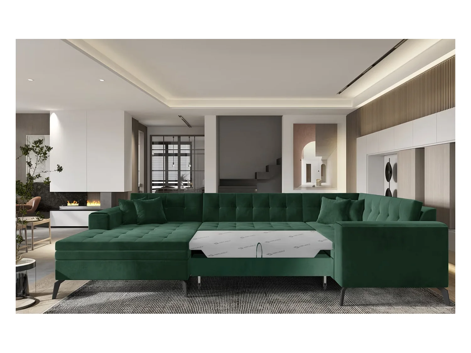 Canapé panoramique convertible BONTY tissu matelassé-Bleu charrette-Méridienne A gauche