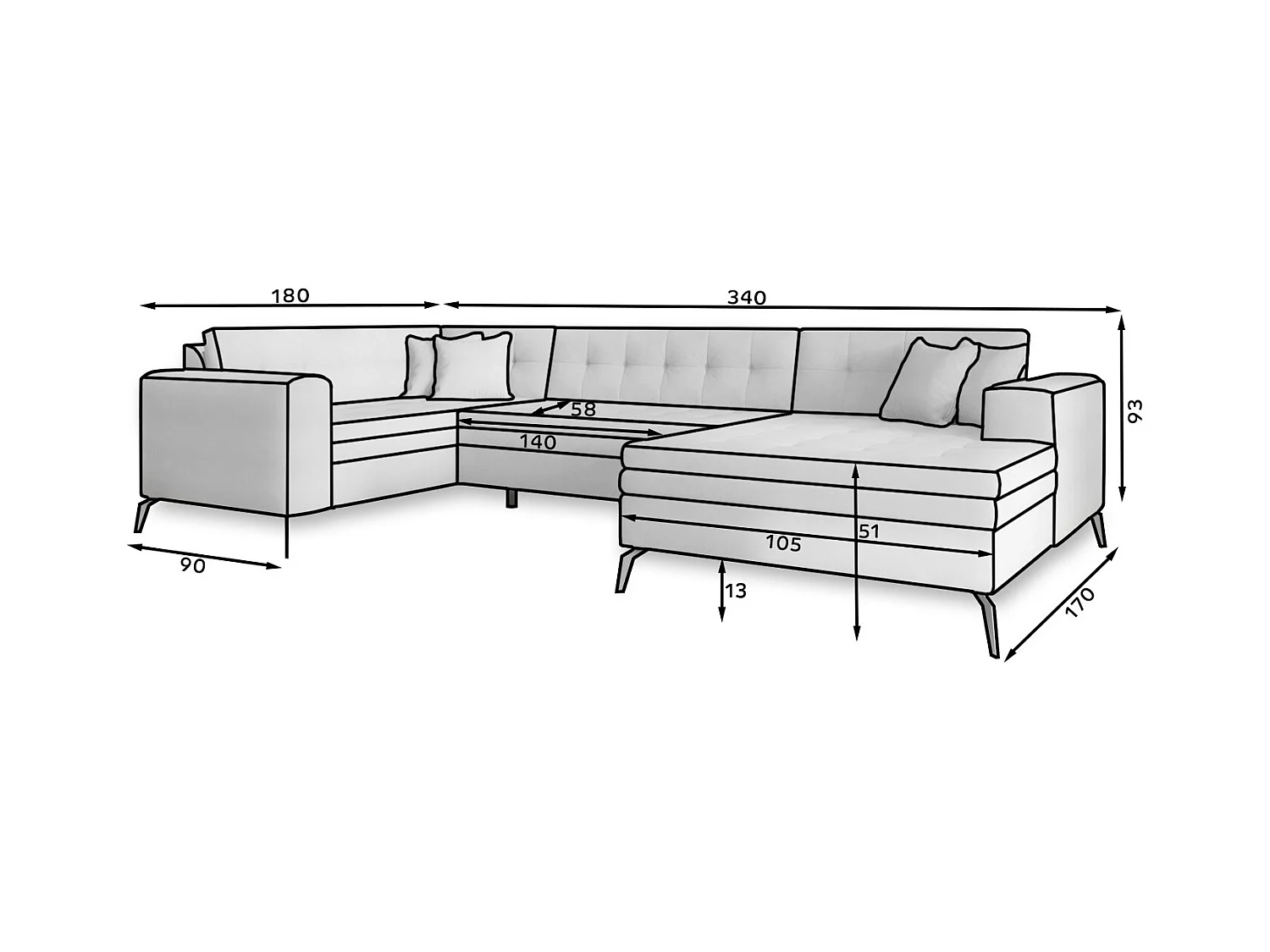 Canapé panoramique convertible BONTY tissu matelassé-Bleu charrette-Méridienne A gauche