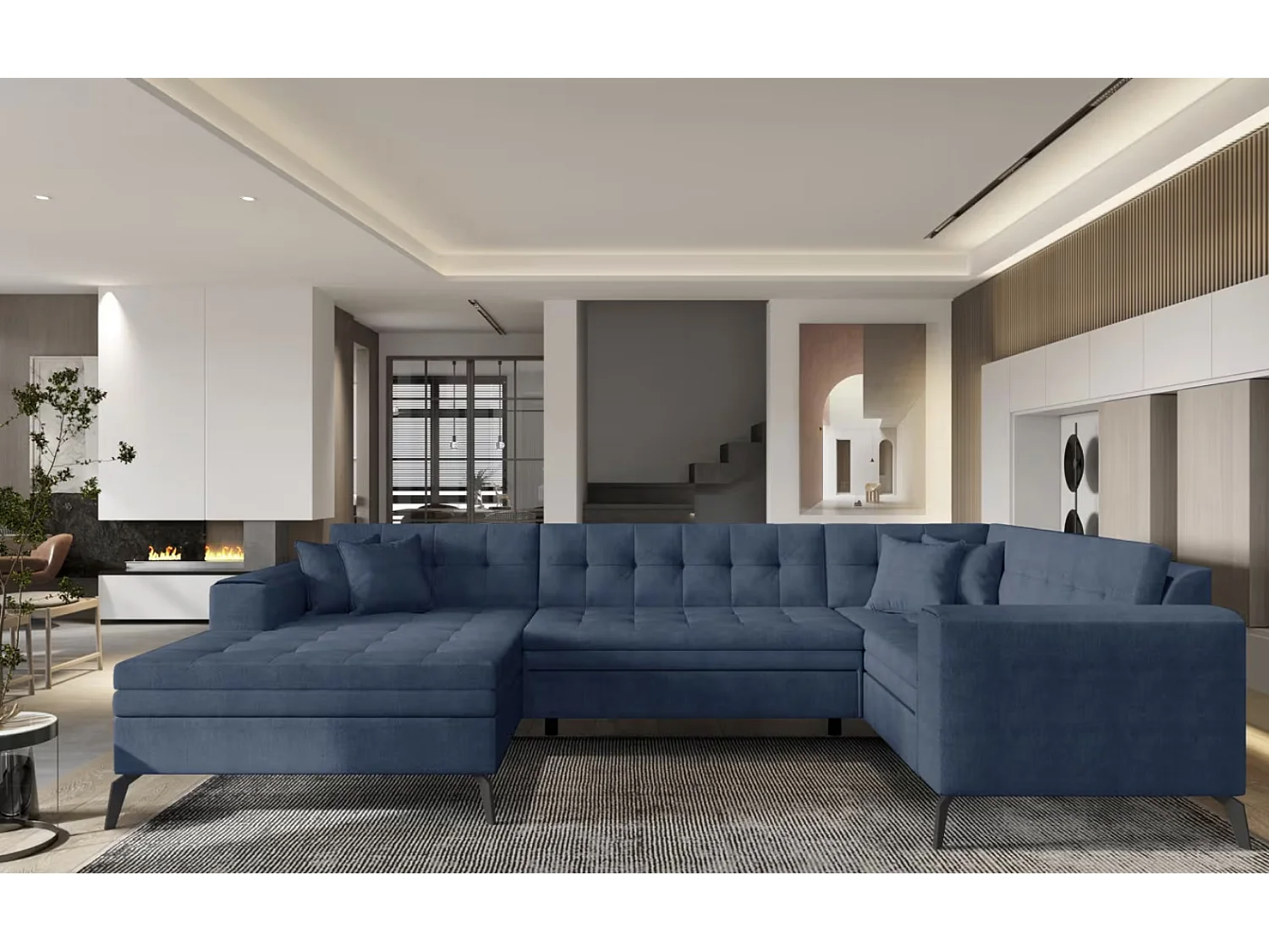 Canapé panoramique convertible BONTY tissu matelassé-Bleu charrette-Méridienne A gauche