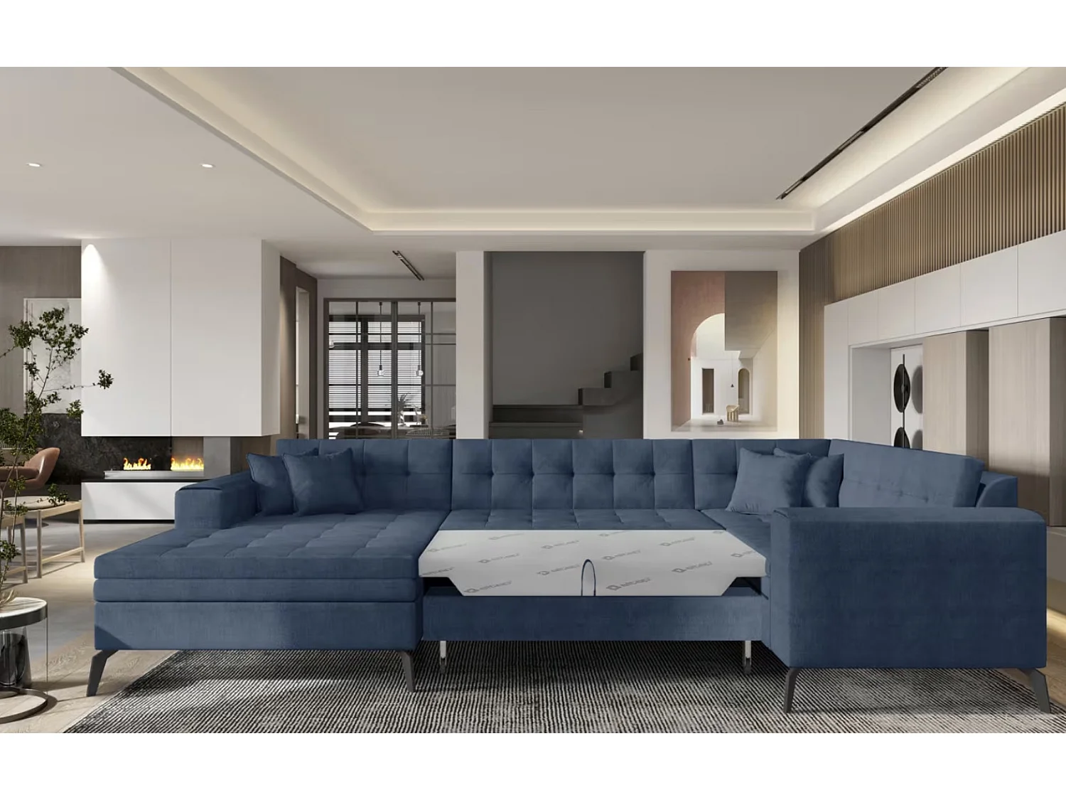 Canapé panoramique convertible BONTY tissu matelassé-Bleu charrette-Méridienne A gauche