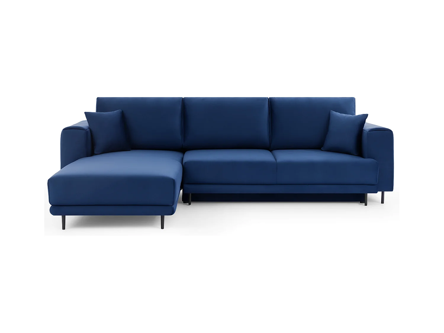 Canapé d'angle convertible velours DAVINA - Coffre et pieds métal noir-Bleu nuit-angle gauche
