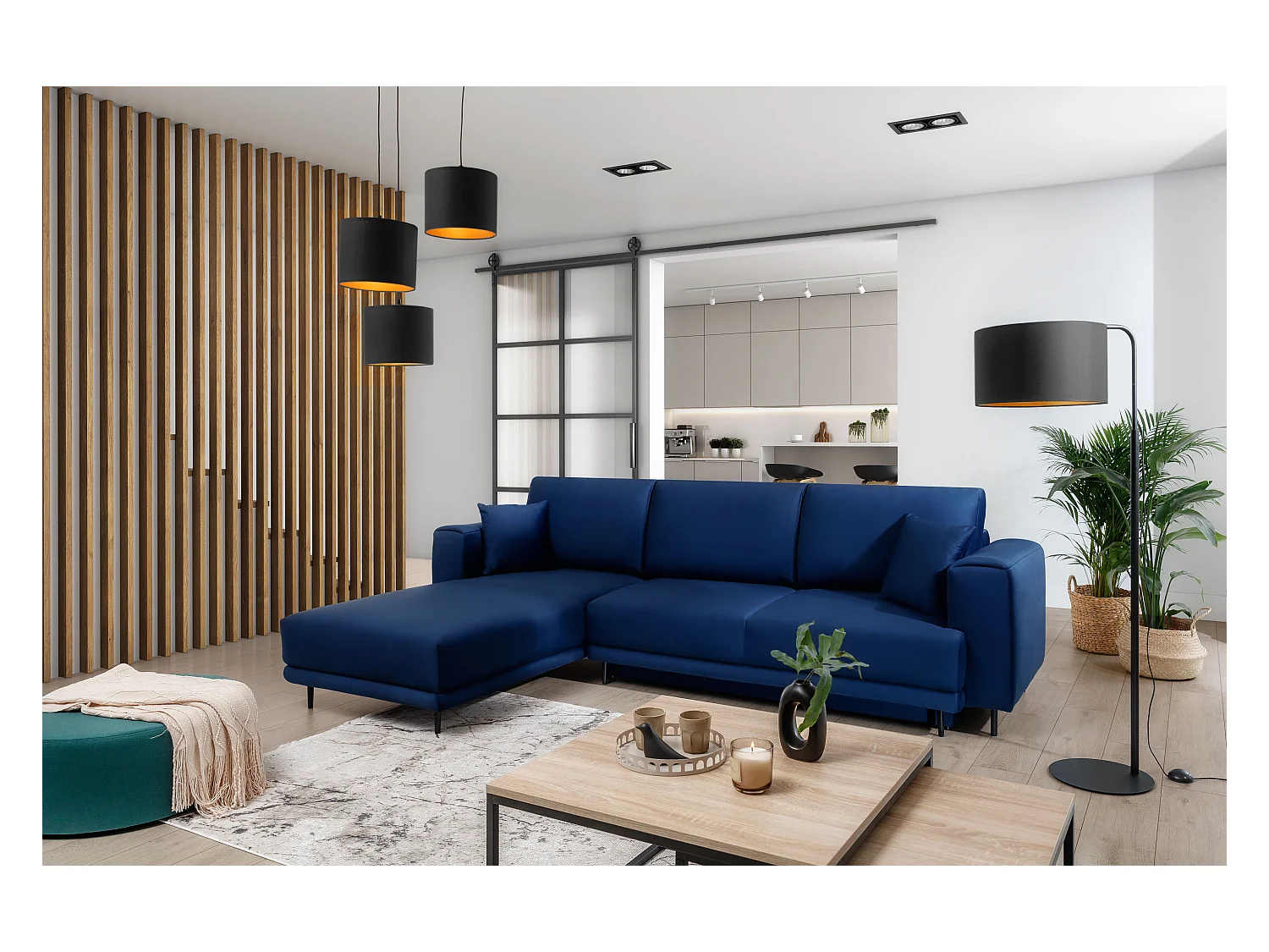 Canapé d'angle convertible velours DAVINA - Coffre et pieds métal noir-Bleu nuit-angle gauche