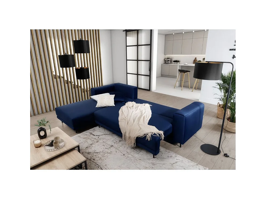 Canapé d'angle convertible velours DAVINA - Coffre et pieds métal noir-Bleu nuit-angle gauche