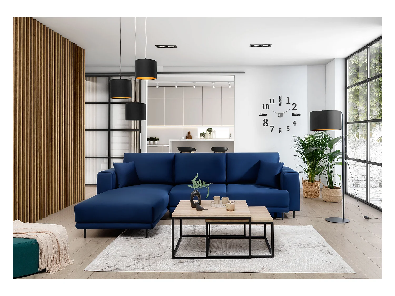 Canapé d'angle convertible velours DAVINA - Coffre et pieds métal noir-Bleu nuit-angle gauche