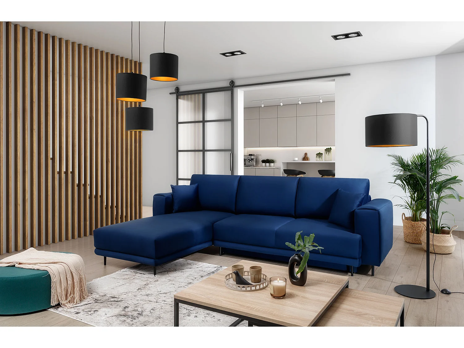 Canapé d'angle convertible velours DAVINA - Coffre et pieds métal noir-Bleu nuit-angle gauche