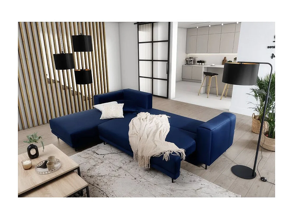 Canapé d'angle convertible velours DAVINA - Coffre et pieds métal noir-Bleu nuit-angle gauche
