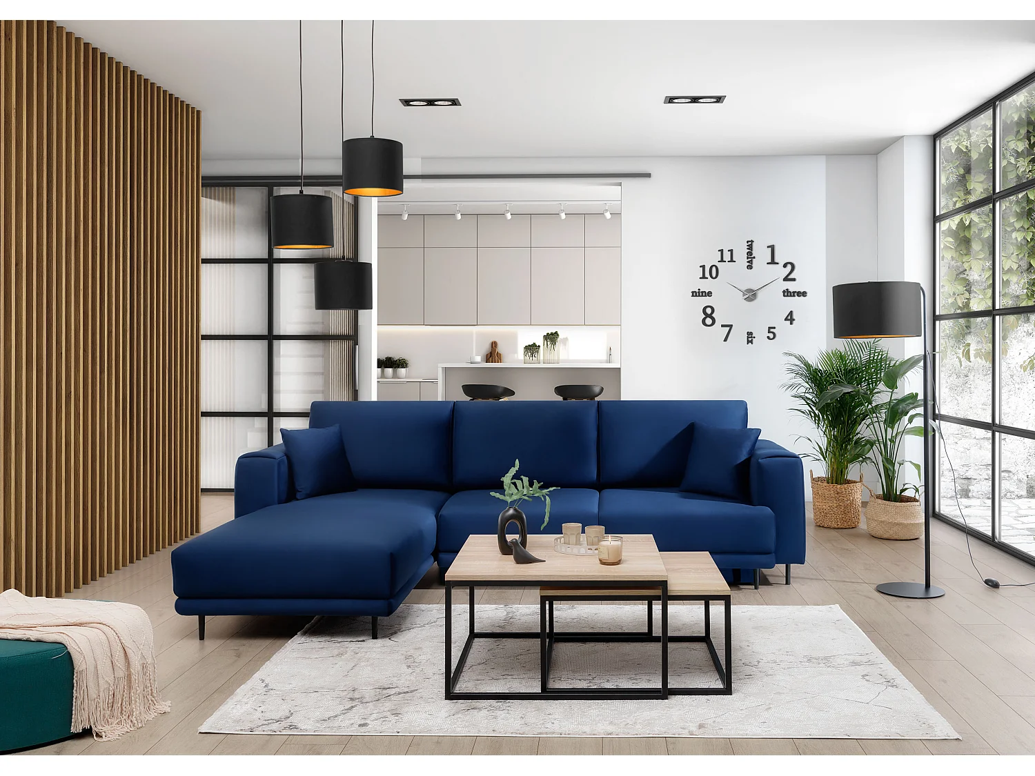 Canapé d'angle convertible velours DAVINA - Coffre et pieds métal noir-Bleu nuit-angle gauche