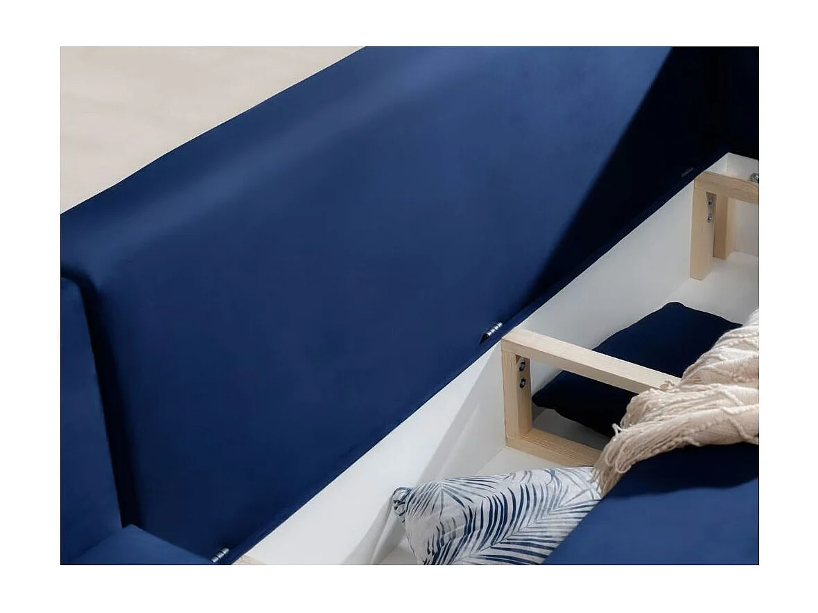 Canapé d'angle convertible velours DAVINA - Coffre et pieds métal noir-Bleu nuit-angle gauche