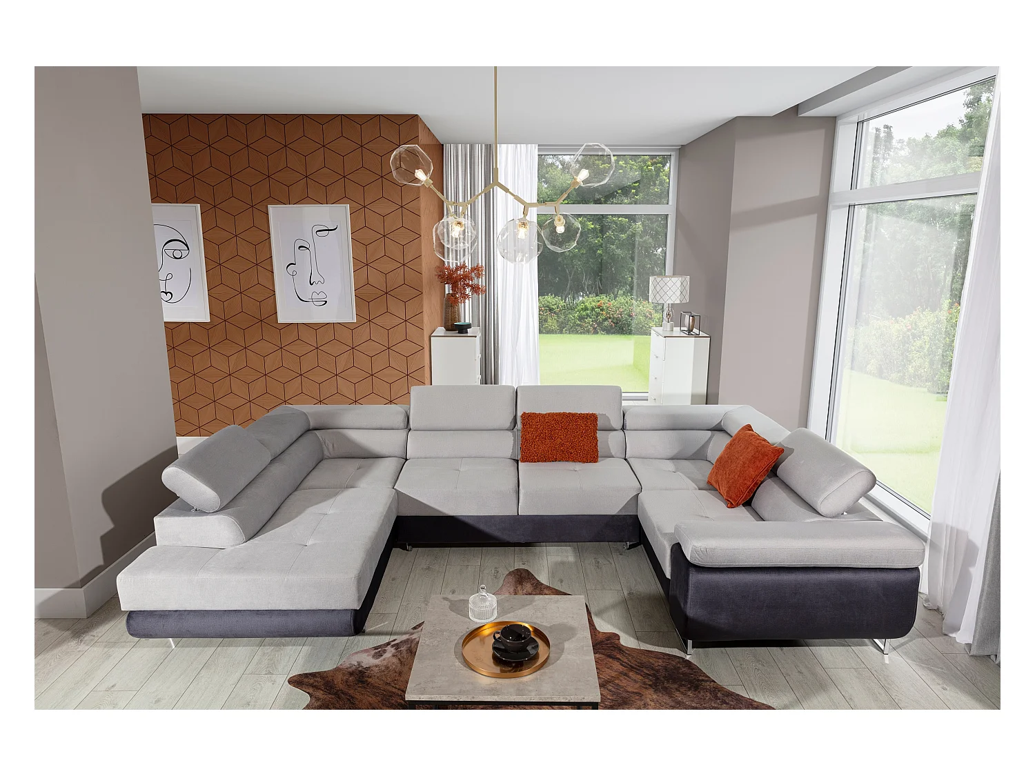 Canapé convertible panoramique TOVY velours - Rangement et têtières réglables-Gris/Gris clair-Coffre à gauche