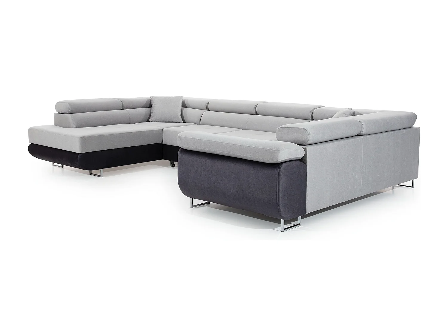 Canapé convertible panoramique TOVY velours - Rangement et têtières réglables-Gris/Gris clair-Coffre à gauche