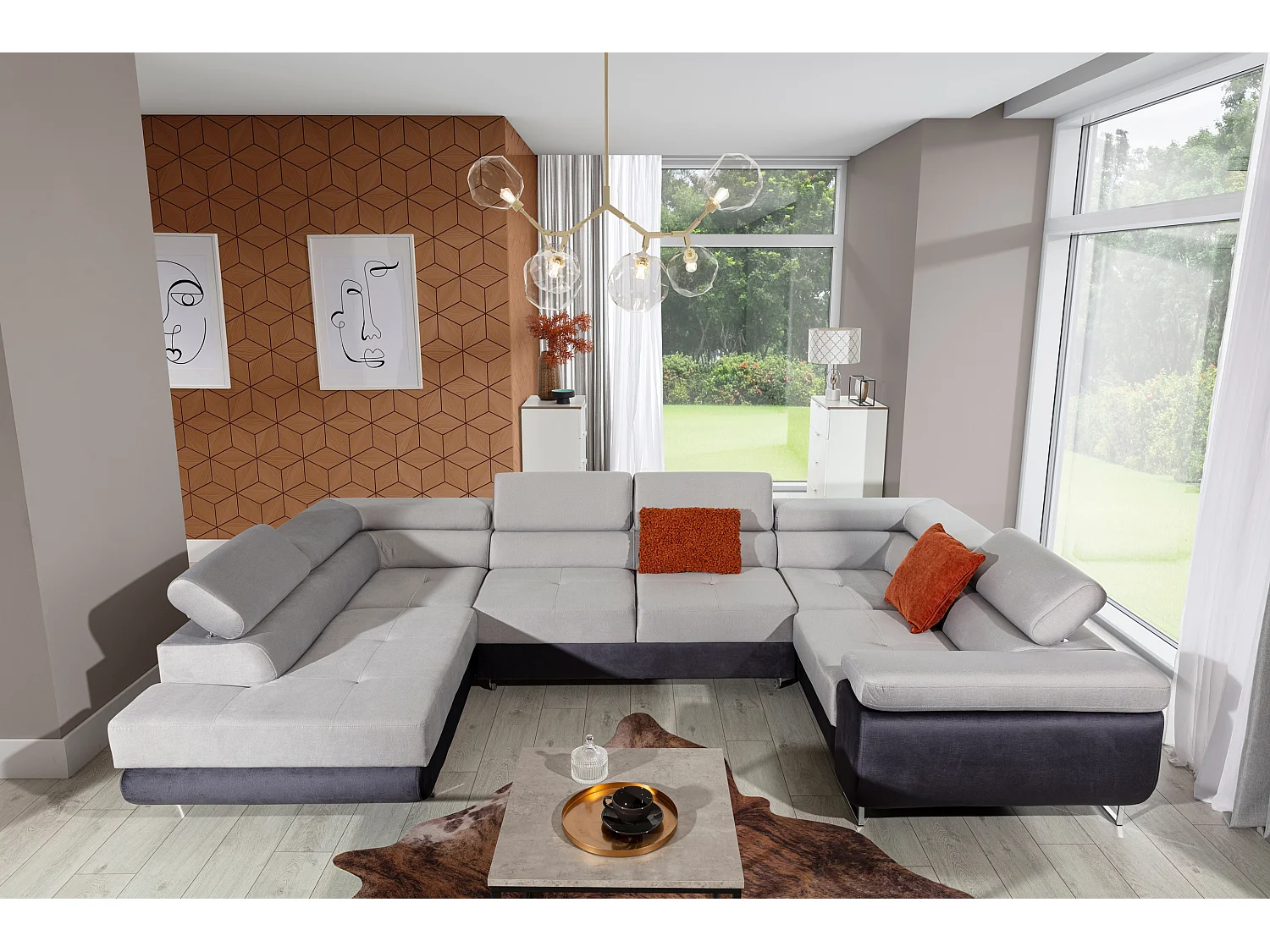 Canapé convertible panoramique TOVY velours - Rangement et têtières réglables-Gris/Gris clair-Coffre à gauche