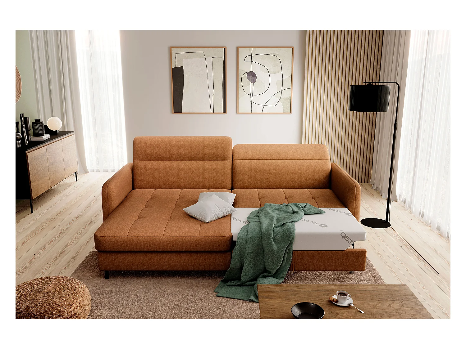 Petit canapé d’angle convertible tissu Kunder-Orange-angle gauche