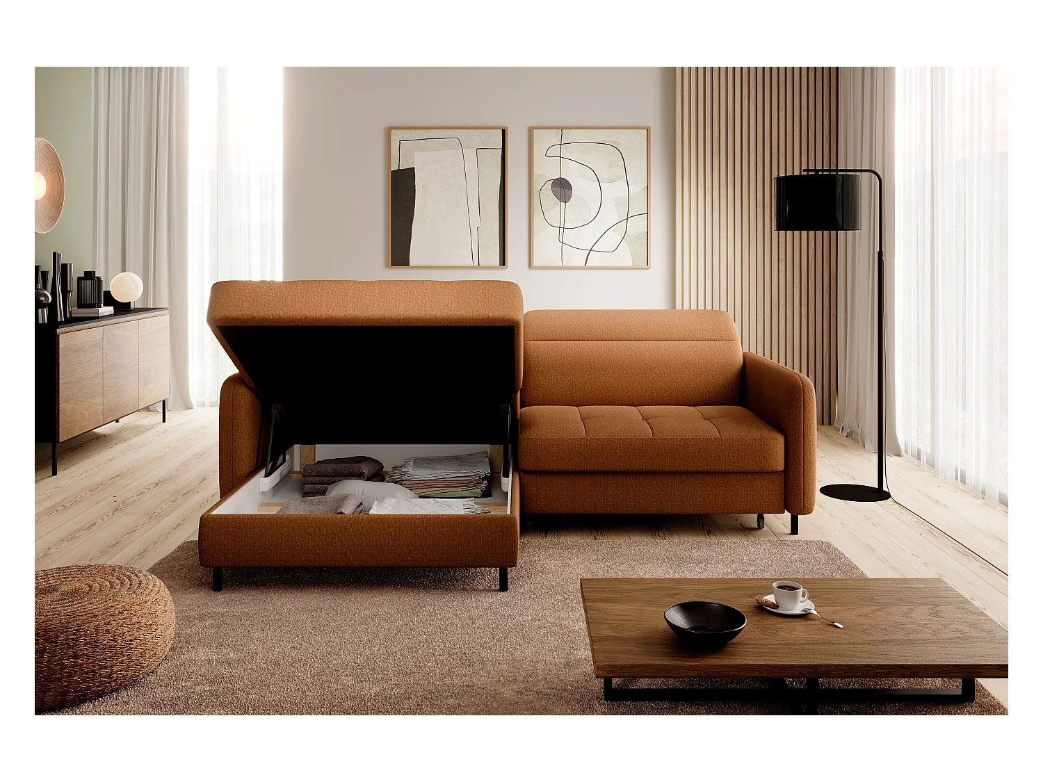 Petit canapé d’angle convertible tissu Kunder-Orange-angle gauche