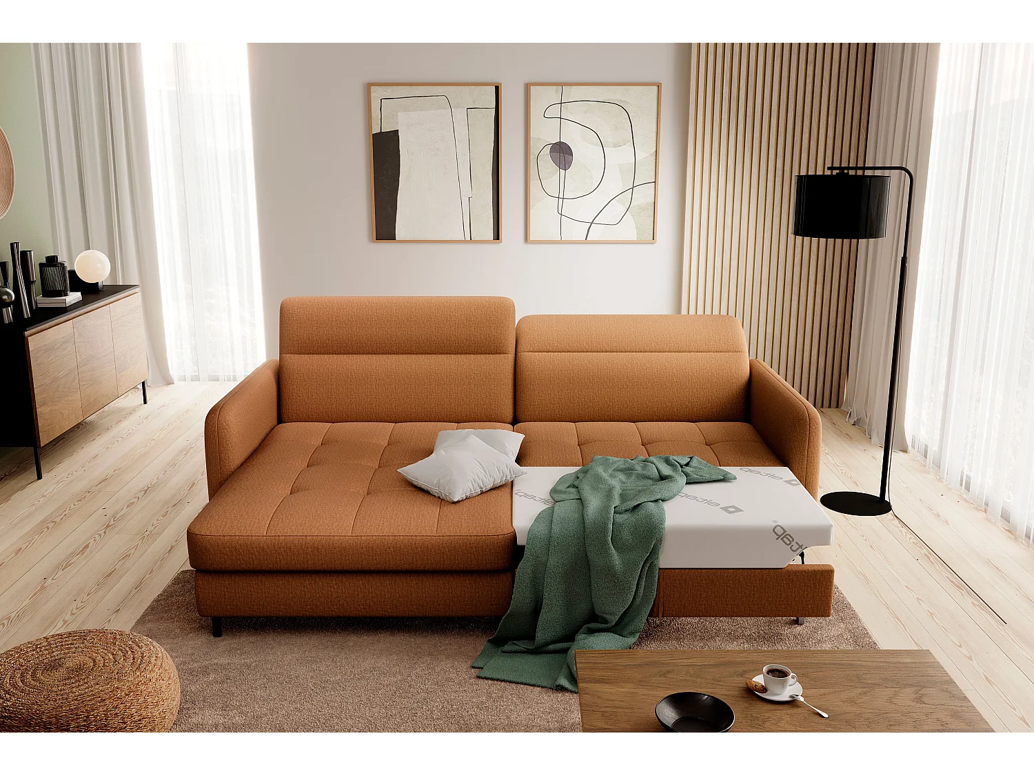 Petit canapé d’angle convertible tissu Kunder-Orange-angle gauche