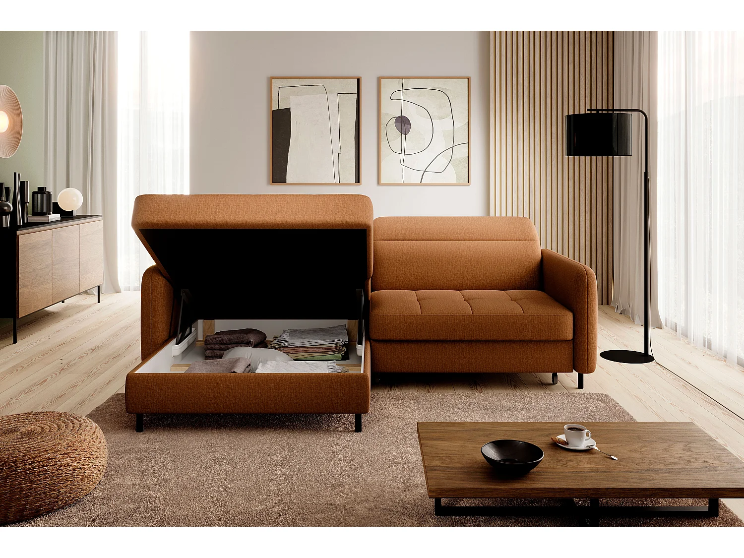 Petit canapé d’angle convertible tissu Kunder-Orange-angle gauche