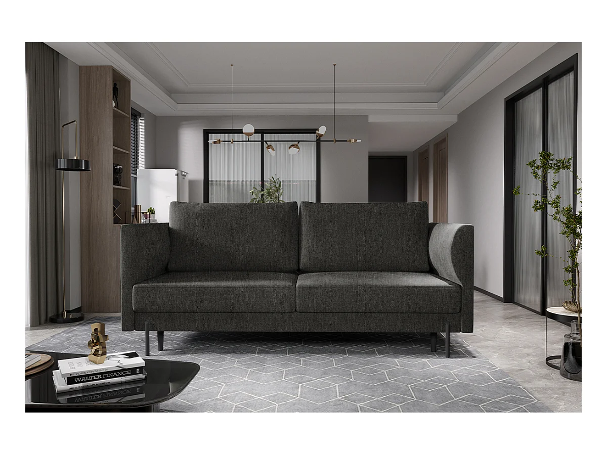 Canapé convertible en tissu ROBBY – Rangement et pieds métal noir-Gris foncé