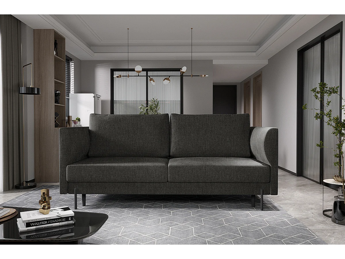 Canapé convertible en tissu ROBBY – Rangement et pieds métal noir-Gris foncé