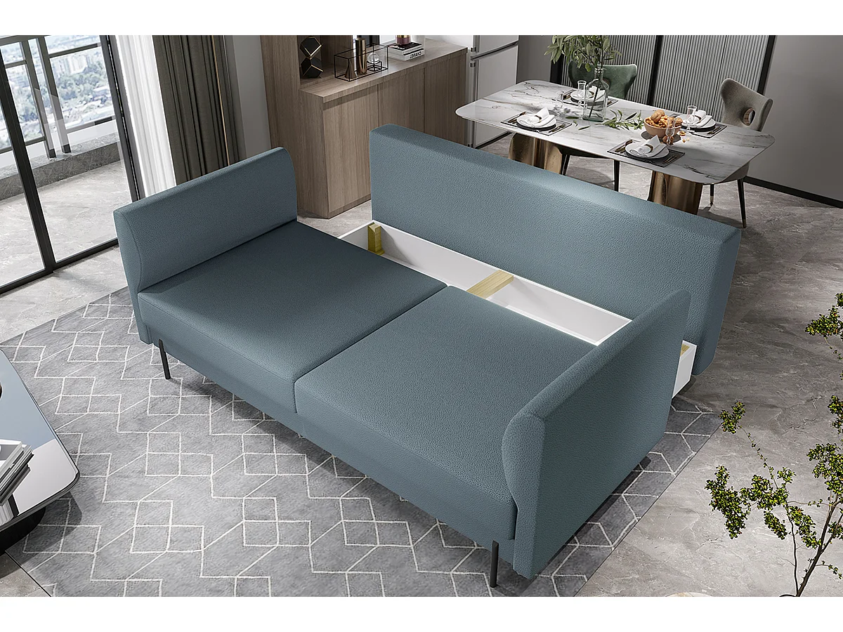 Canapé convertible en tissu ROBBY – Rangement et pieds métal noir-Gris foncé