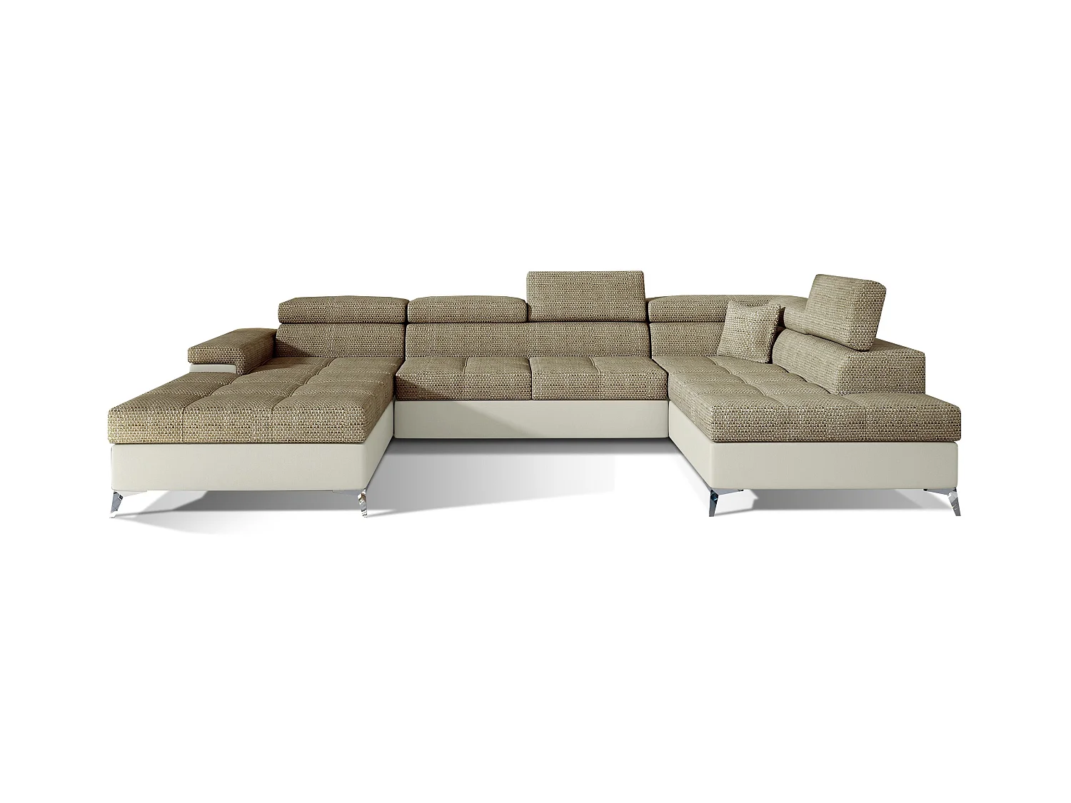 Canapé panoramique convertible KUTTY - Rangement et appuie-têtes réglables-Beige clair/Beige chiné-Coffre à droite