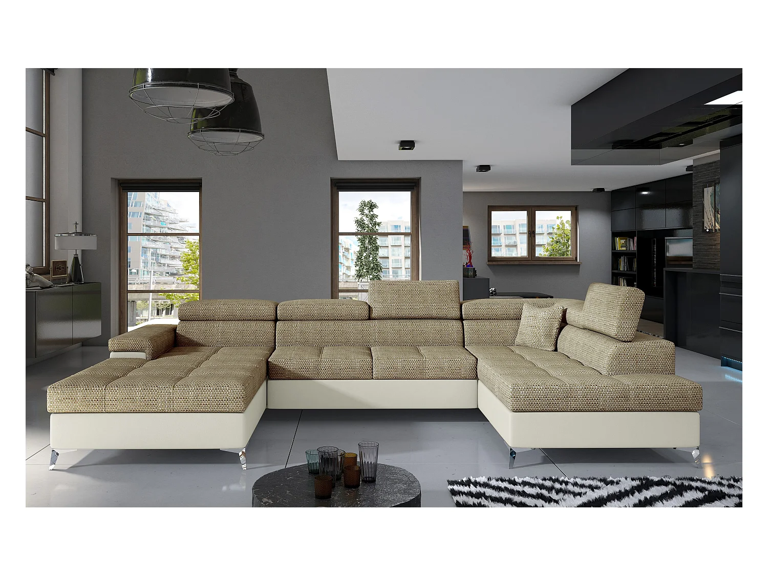 Canapé panoramique convertible KUTTY - Rangement et appuie-têtes réglables-Beige clair/Beige chiné-Coffre à droite