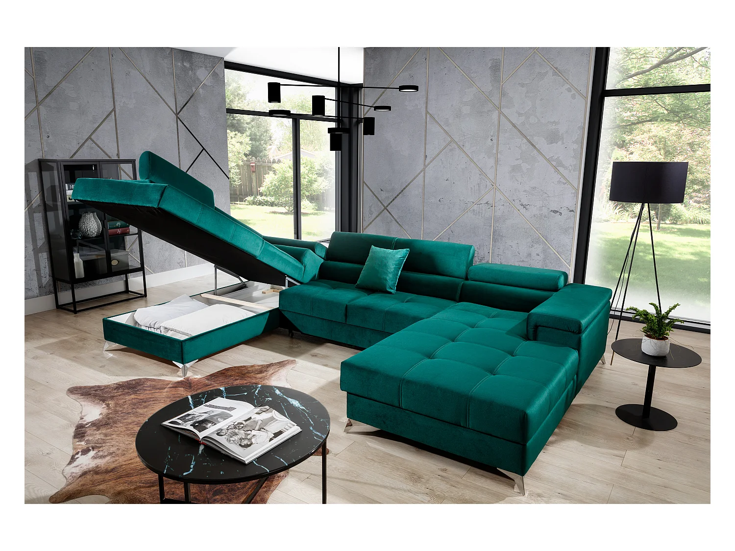 Canapé panoramique convertible KUTTY - Rangement et appuie-têtes réglables-Beige clair/Beige chiné-Coffre à droite