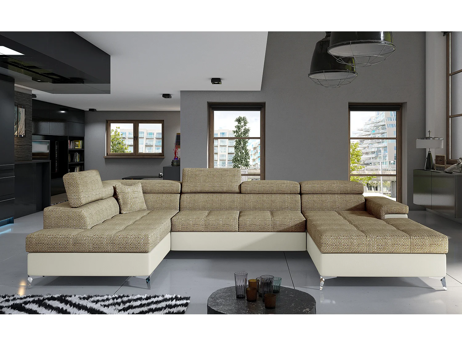 Canapé panoramique convertible KUTTY - Rangement et appuie-têtes réglables-Beige clair/Beige chiné-Coffre à droite