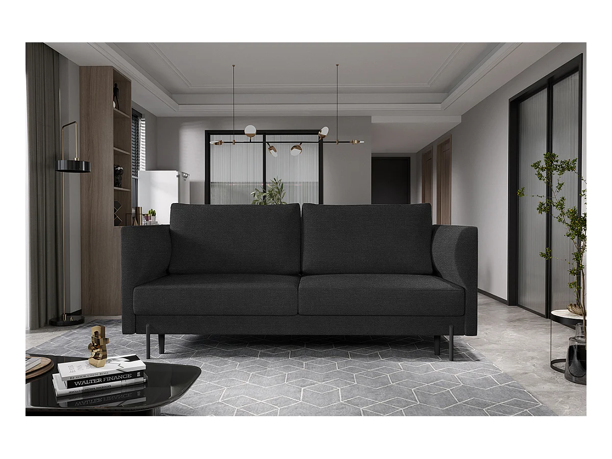 Canapé convertible en tissu ROBBY – Rangement et pieds métal noir-Gris foncé chiné