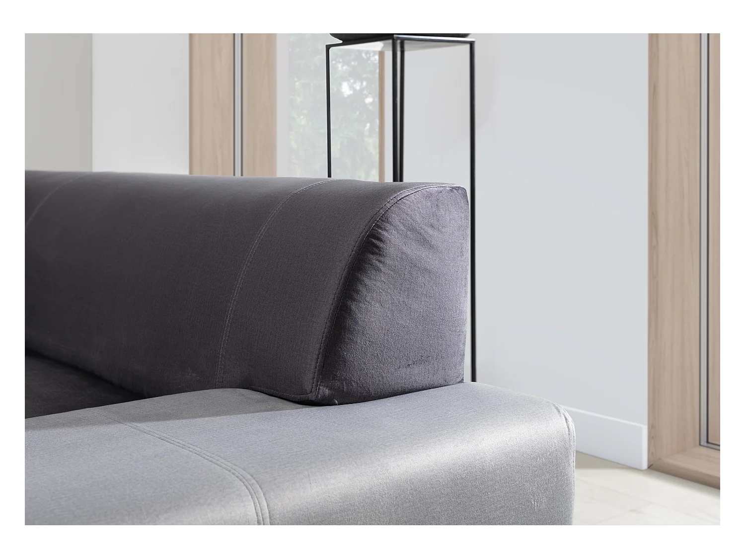 Canapé panoramique convertible HOUSTON en velours avec coffre de rangement-Gris clair/Gris-Coffre à gauche